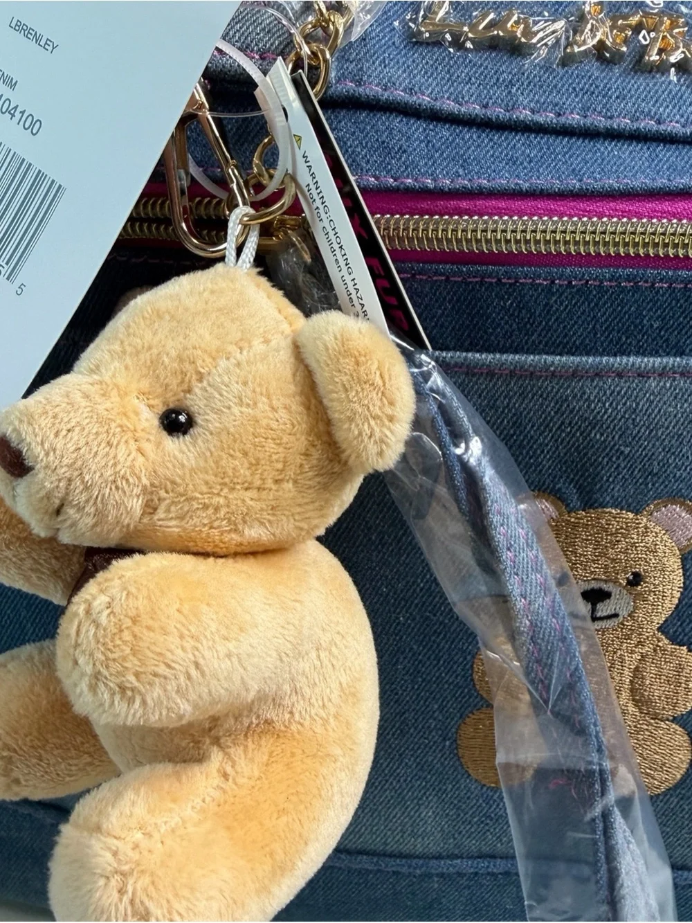 Denim Teddy Tote Bag with Bear Charm - Blue